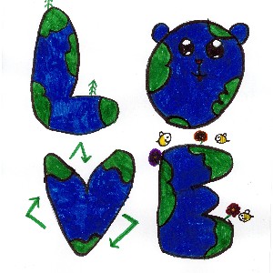 The planet earth rendered as the letters L O V E.